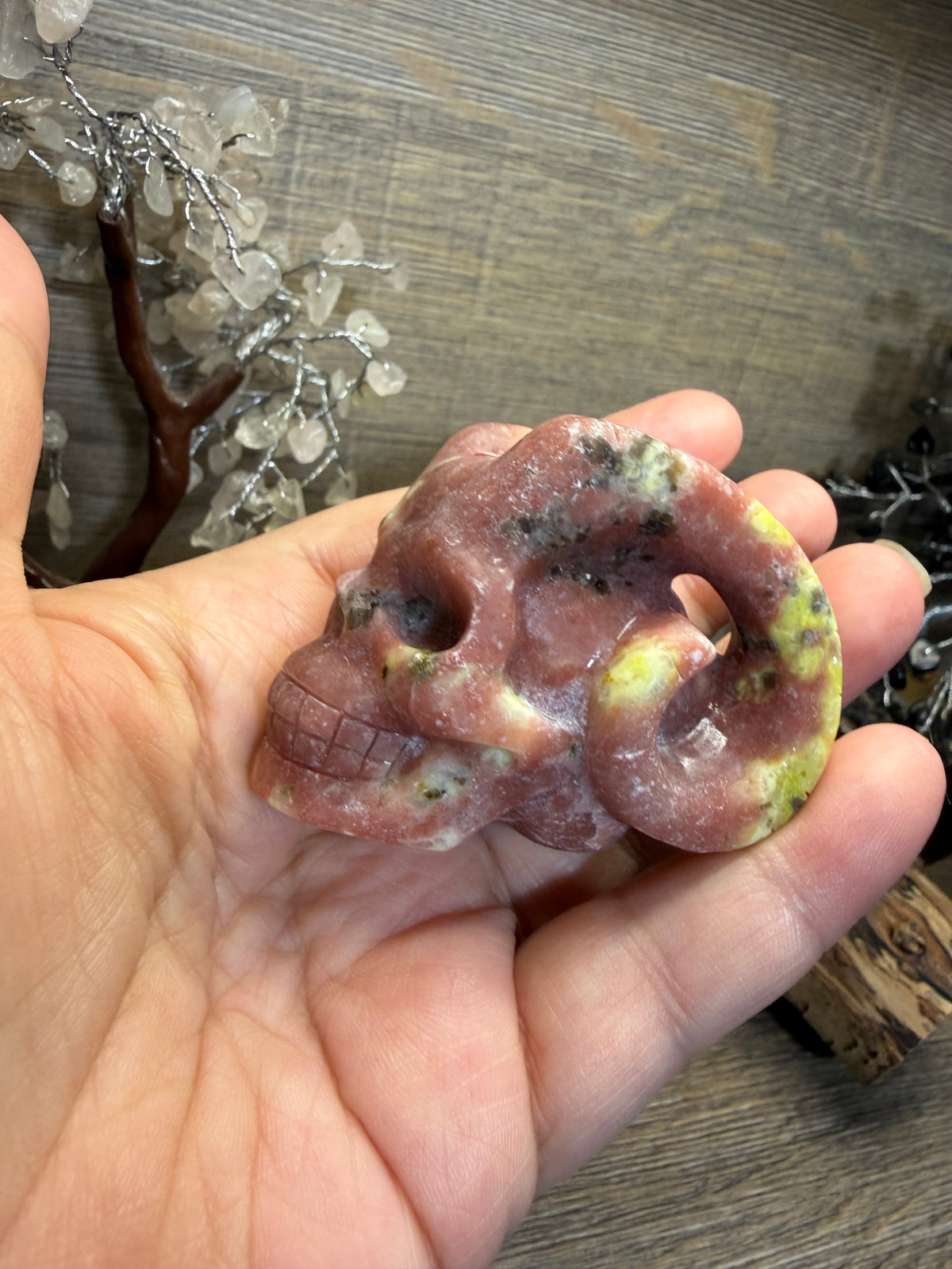 Pink aventurine serpentine horn skull carving (Skp100)